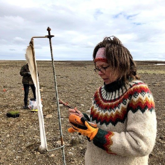 Jóhanna Bergrúnar Ólafsdóttir metur vindálag af flaggi. Ljósmynd: Björn Traustason